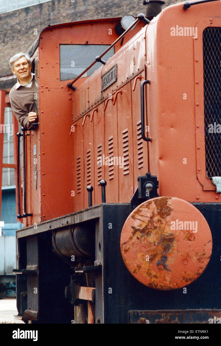 Gavin East, project manager of the Railway Preservation Society, pictured with Derwent II, a diesel locomotive donated by engineering firm Whessoe. 20th May 1990. Derwent 2, locomotive is an 0-4-0 Ruston & Hornsby Diesel Electric built in 1949 and worked at Whessoe Engineering Ltd. Stock Photo