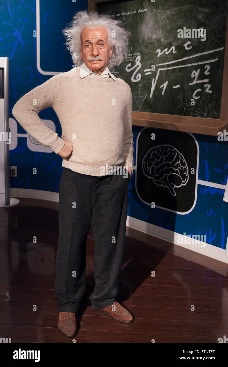 A wax figure of Albert Einstein, German-born theoretical physicist on display at the Madame Tussauds Tokyo wax museum in Odaiba, Tokyo, June 15, 2015. The world famous British wax museum ''Madame Tussauds'' opened its 14th permanent branch in Tokyo in 2013 and exhibits international and local celebrities, sports players and politicians. New additions to the collection include wax figures of the Japanese figure skater Yuzuru Hanyu and the actor Benedict Cumberbatch. The wax figure of Benedict Cumberbatch will be exhibited until June 30th. (Photo by Rodrigo Reyes Marin/AFLO) Stock Photo