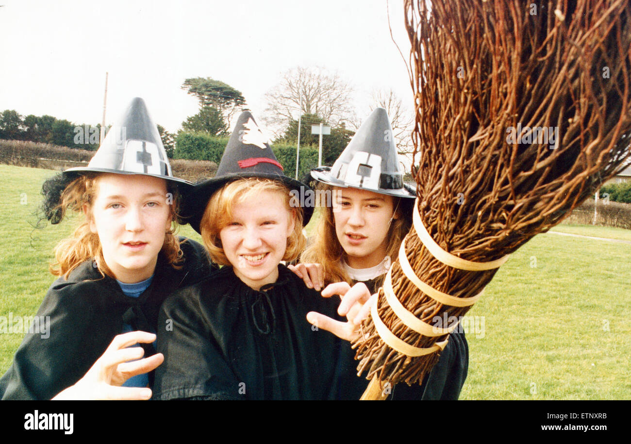 To the delight of staff at De Brus School, Shakespeare's classic Macbeth has won the popularity stakes for year 11 pupils. Pupils had to choose from four plays for their GCSE coursework. Almost half the group plumped for Macbeth, including witches Sarah Green, Kerry Sandell and Jane Derry. 7th February 1992. Stock Photo