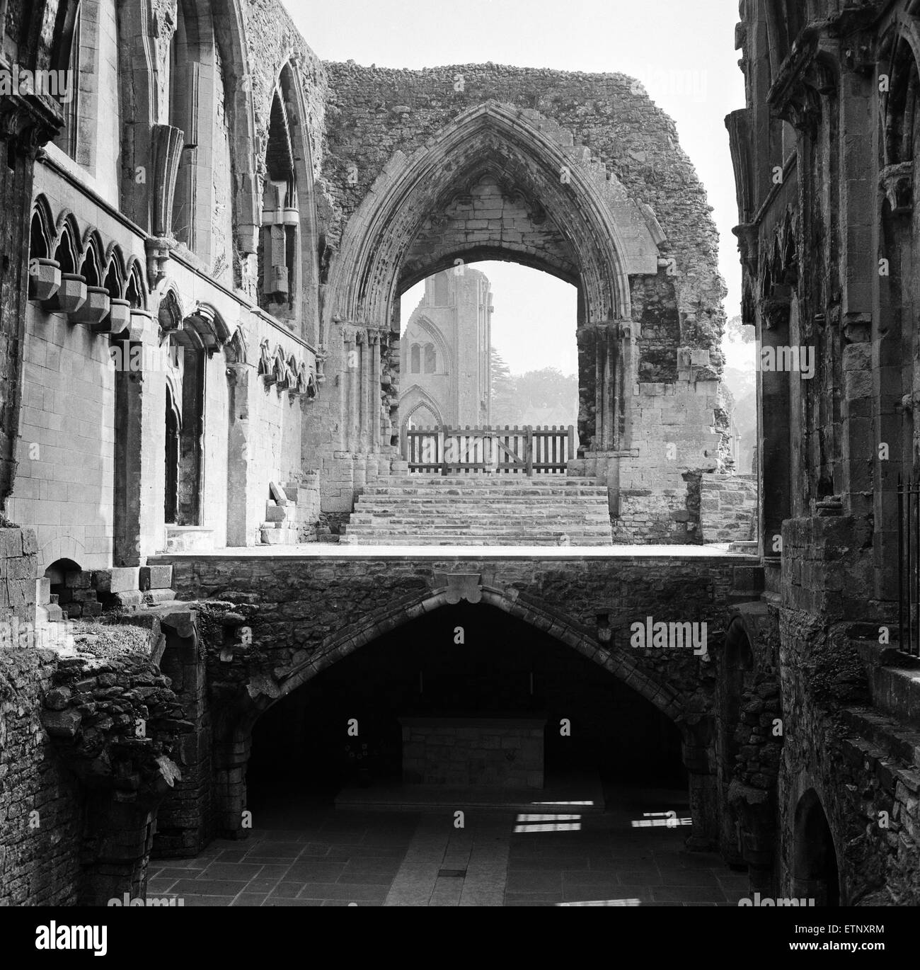 Ruins of Glastonbury Abbey in Somerset. Part of the crypt. 22nd September 1966. Stock Photo