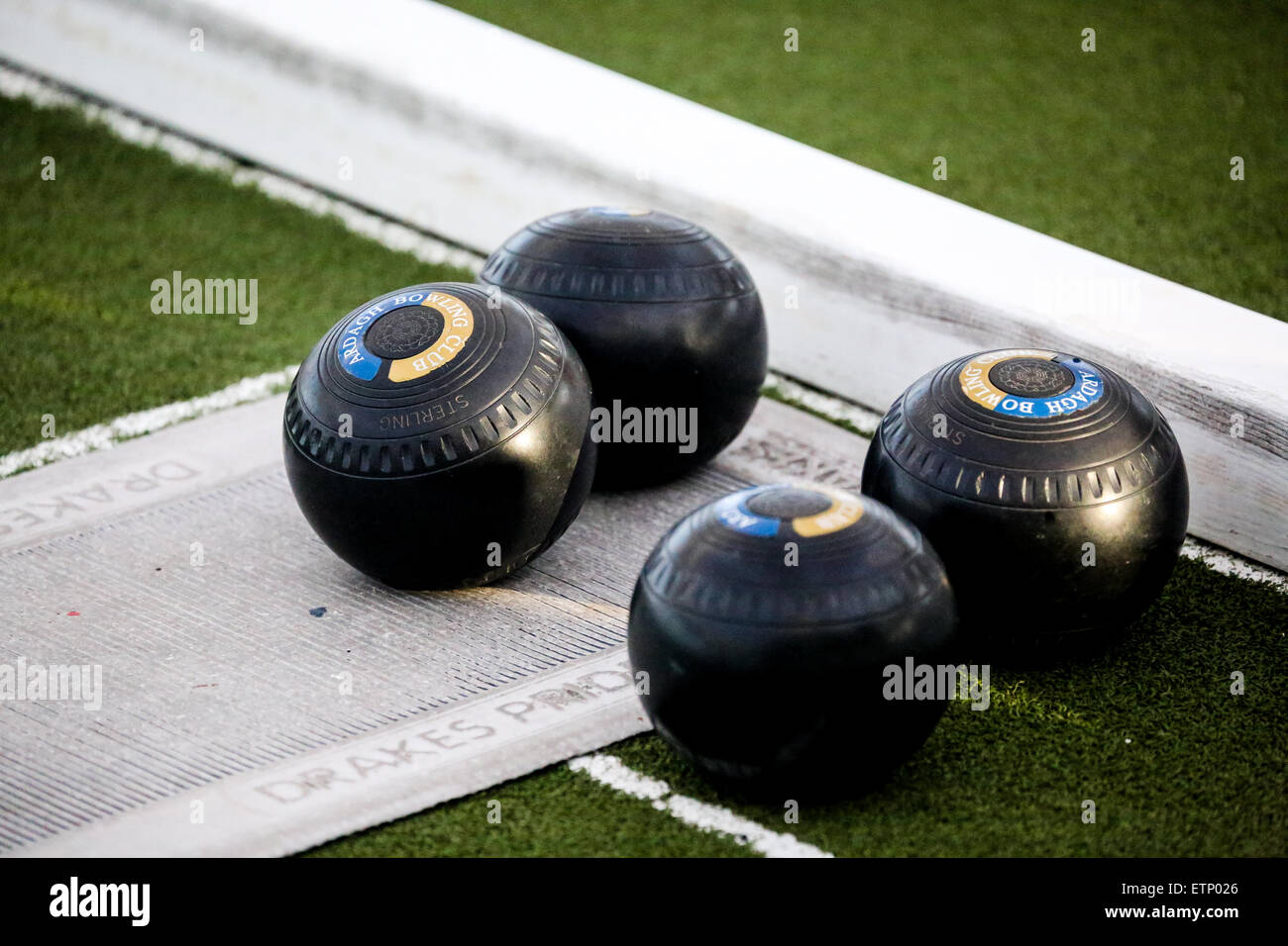 Bowling balls at an indoor bowls green. On board the Cunard Ship Queen Elizabeth. Stock Photo