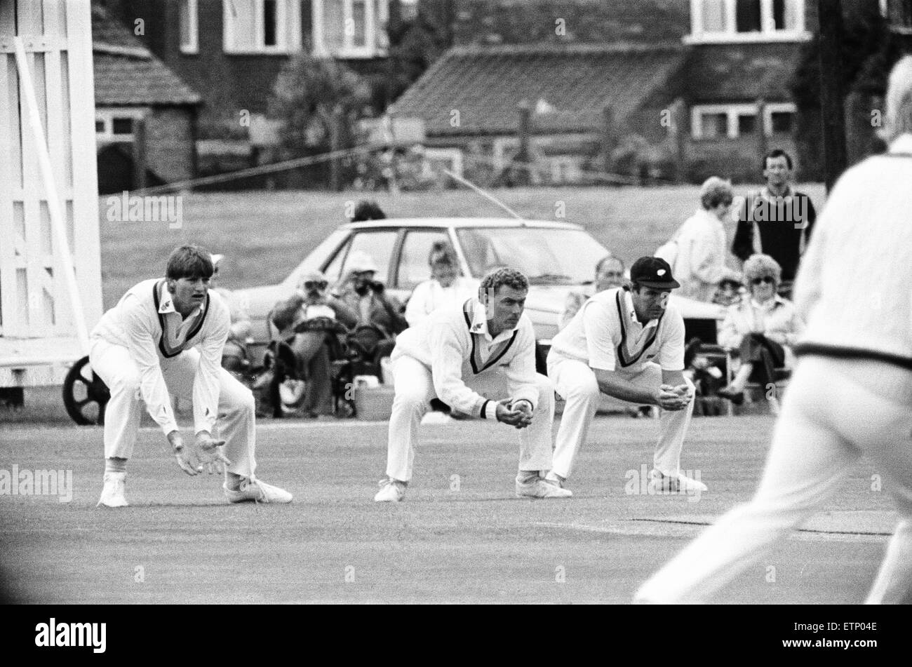 Yorkshire fielders Martyn Moxon, Kevin Sharp and Phillip Carrick seen here during the match against Leicestershire at Acklam Park 5th July 1986 Stock Photo