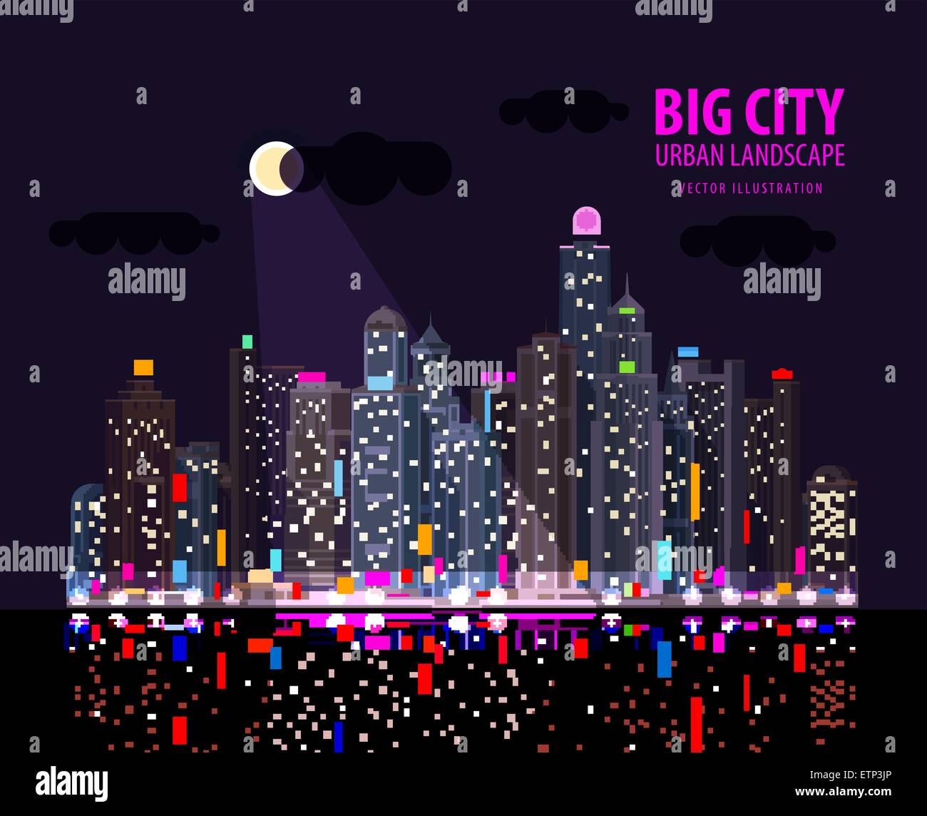 Night in the big city. Illuminated signs in the night city by the sea. Vector illustration Stock Vector