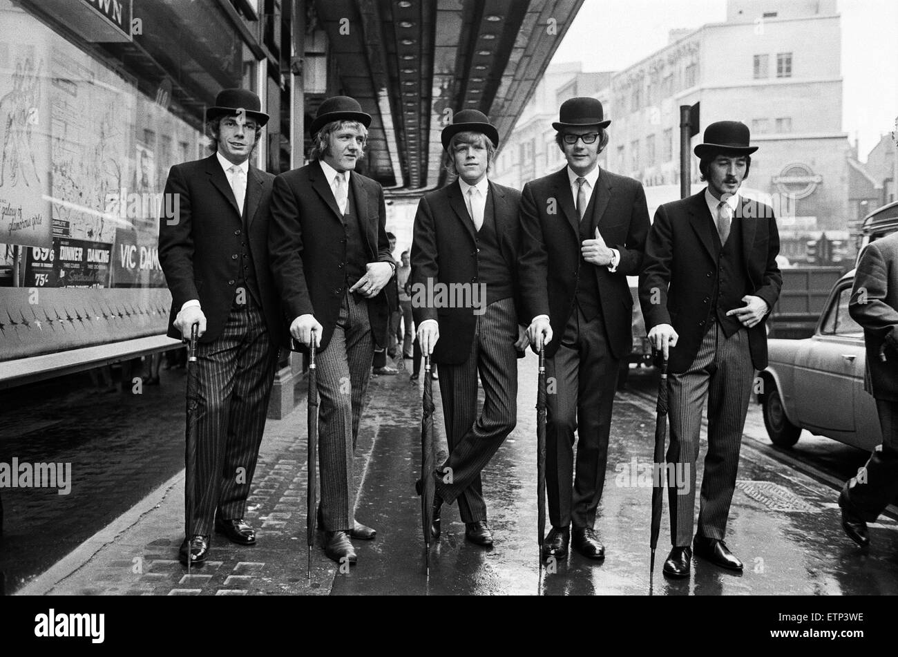 British pop group Hermans Hermits led by singer Peter Noone are to be the first ever all pop group to apper at London's Talk Of The Town. Here the group are pictured outside dressed up for rehearsals. 18th September 1969. Stock Photo