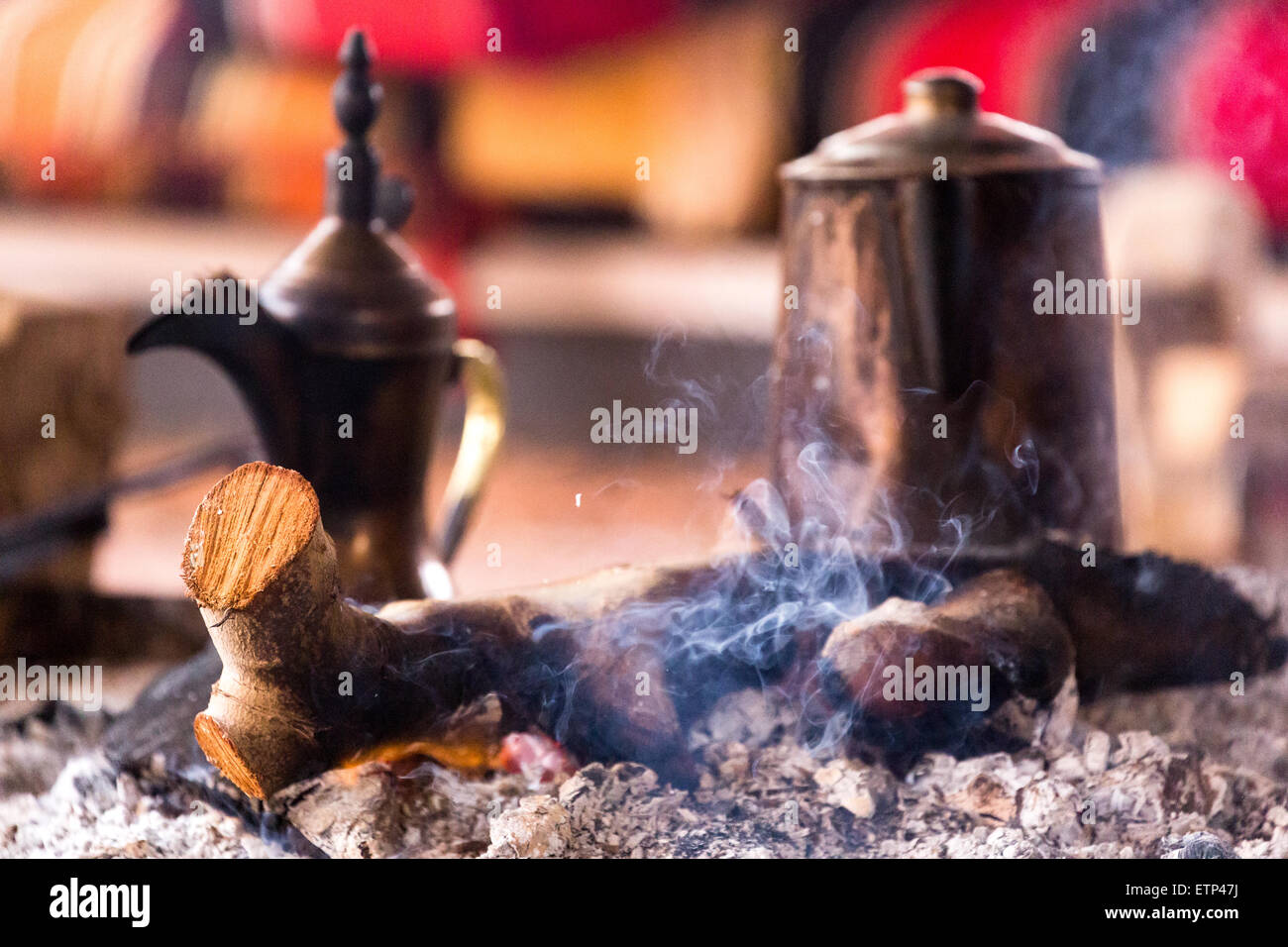 Wadi Rum Arabic coffee pot fireplace Jordan arabia Stock Photo