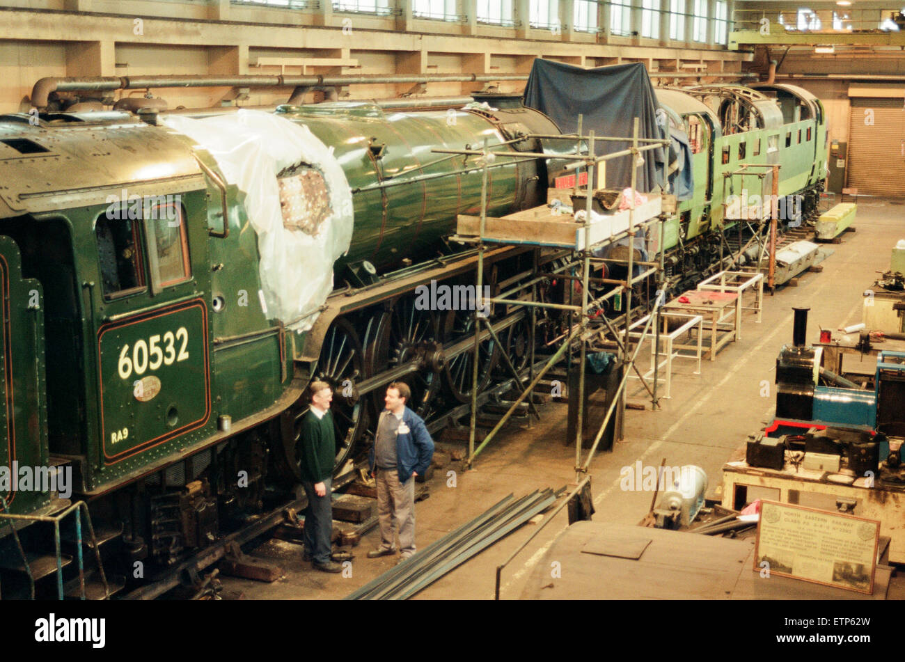 ICI Train Preservation, 4th January 1994. Dave Pearson (left) and Terry Bye, with the Blue Peter, an A2 No. 60532 Locomotive designed by Arthur H Peppercorn of the LNER, and Deltic, The Napier Deltic valveless, two-stroke Diesel engine. Stock Photo