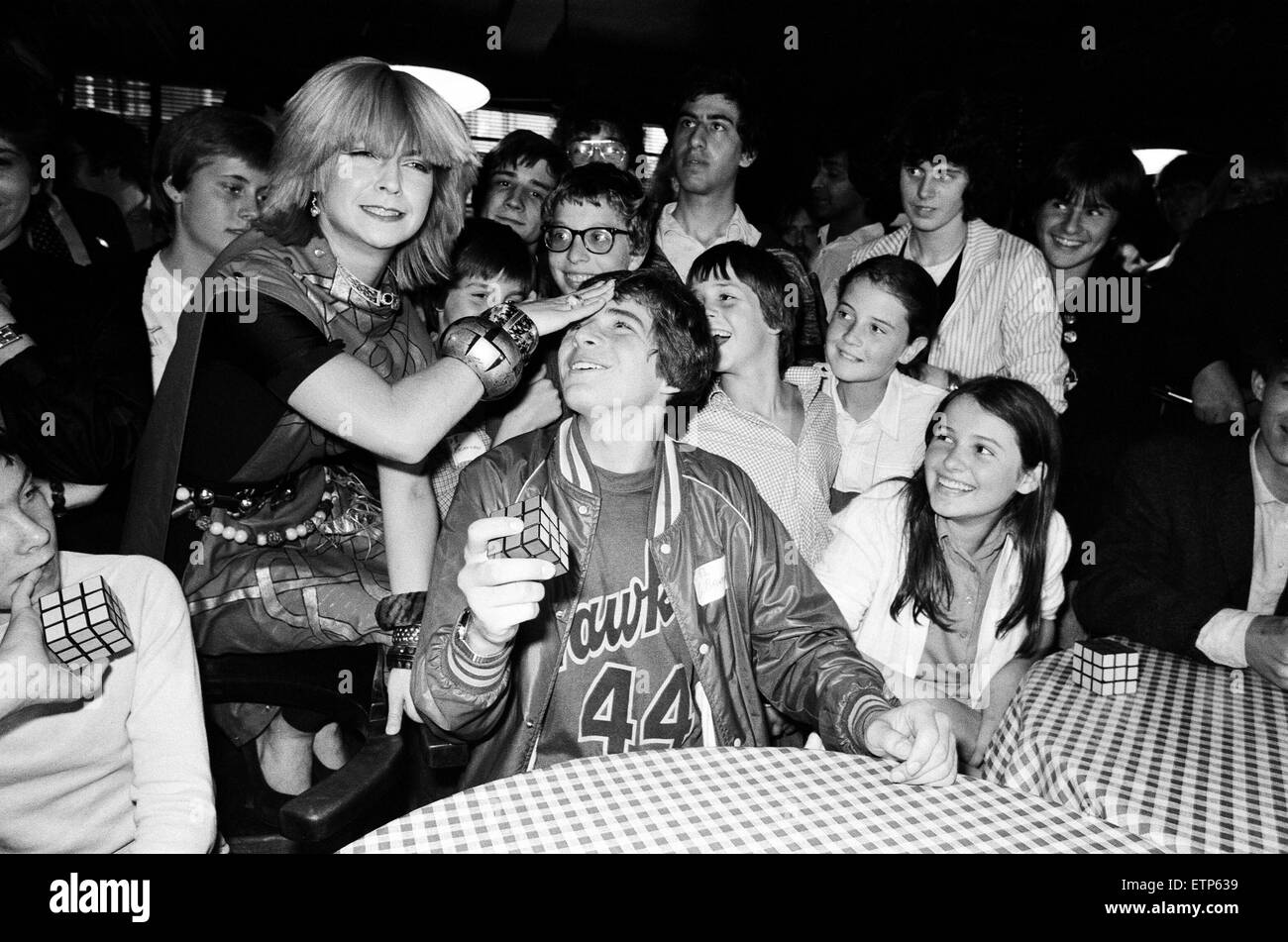 Rubik Cube Championship, held at the Hardrock Cafe, London. The 1st prize of ¿100 was won by 15 year old Greg Banner, his time was 39.2 seconds. The prize was presented by pop singer and actress Toyah Willcox. 2nd September 1981. Stock Photo