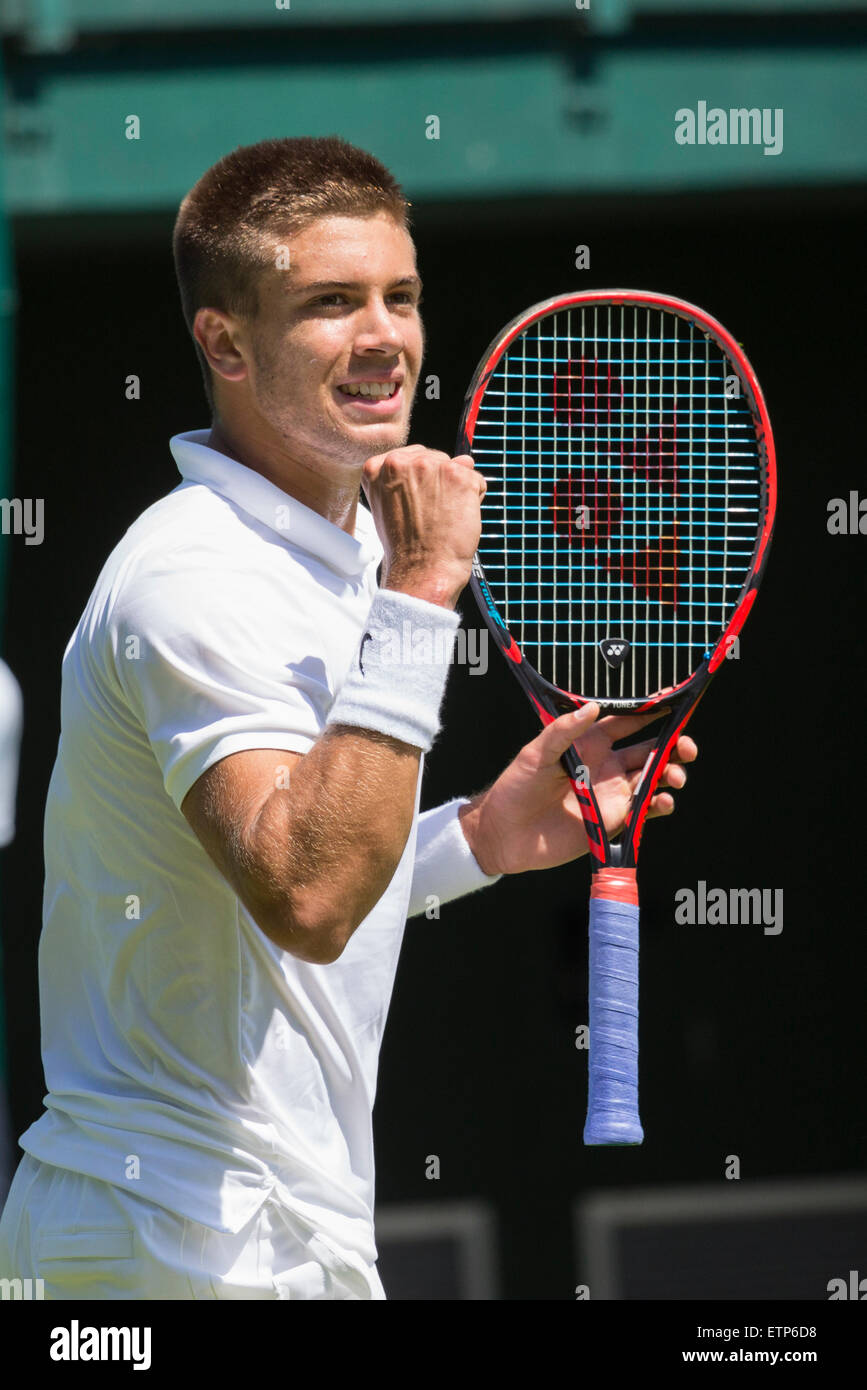 Borna Coric (CRO) celebrates a point in the first round of the ATP Gerry Weber Open Tennis Championships at Halle, Germany