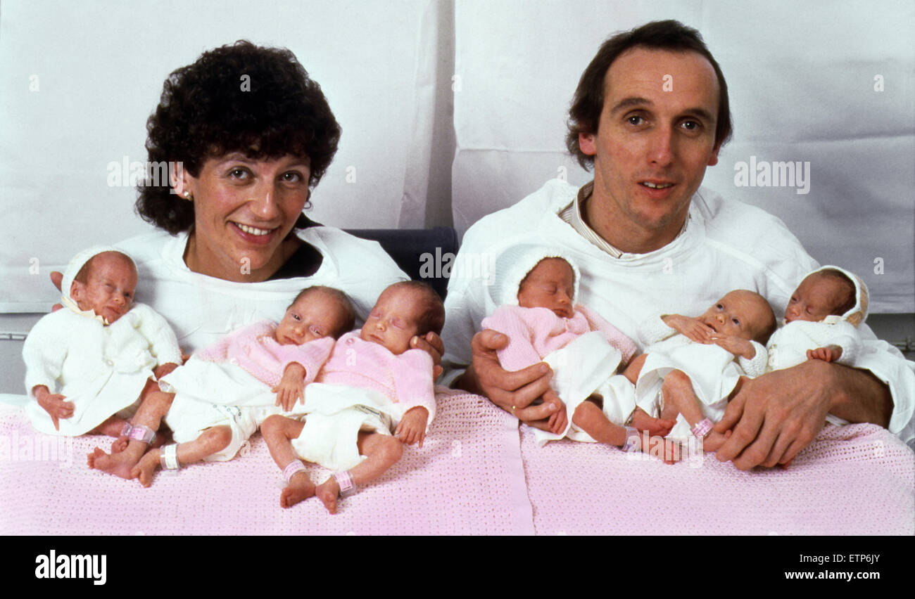 Janet and Graham Walton with their sextuplets who were born in Liverpool, on 18 November 1983. The children are Hannah, Luci, Ruth, Sarah, Kate and Jennie (not pictured in this order). 10th December 1983. Editorial Use Only Stock Photo