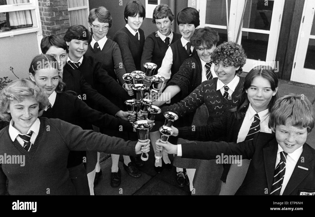 Schoolchildren from Saltscar Comprehensive School, Redcar, with a complete set of 12 handbells, costing 600 pounds. They are being used by the lunchtime handbell group. 30th September 1982. Stock Photo