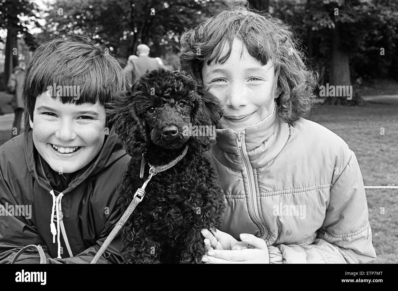 The dog with a waggiest tail, the friendliest face and best legs went on show at Greenhead Park today for the annual Exemption Dog Show.  Among them was 10 year old Nicola Cross and poodle Trixie with her friend, Jennifer Hall.  For the more serious dog owners there were pedigree, obedience and junior handling classes and for those without a canine chum a pet show.  The show is organized by the West Yorkshire branch of Pro Dogs, a charity aiming to promote responsible dog ownership, and the children's pet show is run by Kirklees Leisure Services. 3rd August 1985. Stock Photo