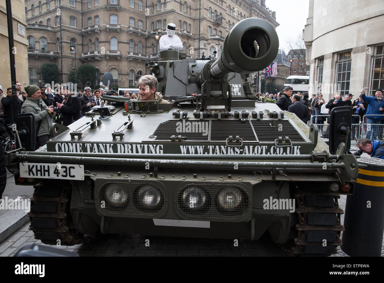 BBC Top Gear's, 'The Stig', drives to BBC Broadcasting House, Portland  Place, in a tank to hand in a petition to save Jeremy Clarkson from being  removed from the programme. Featuring: The