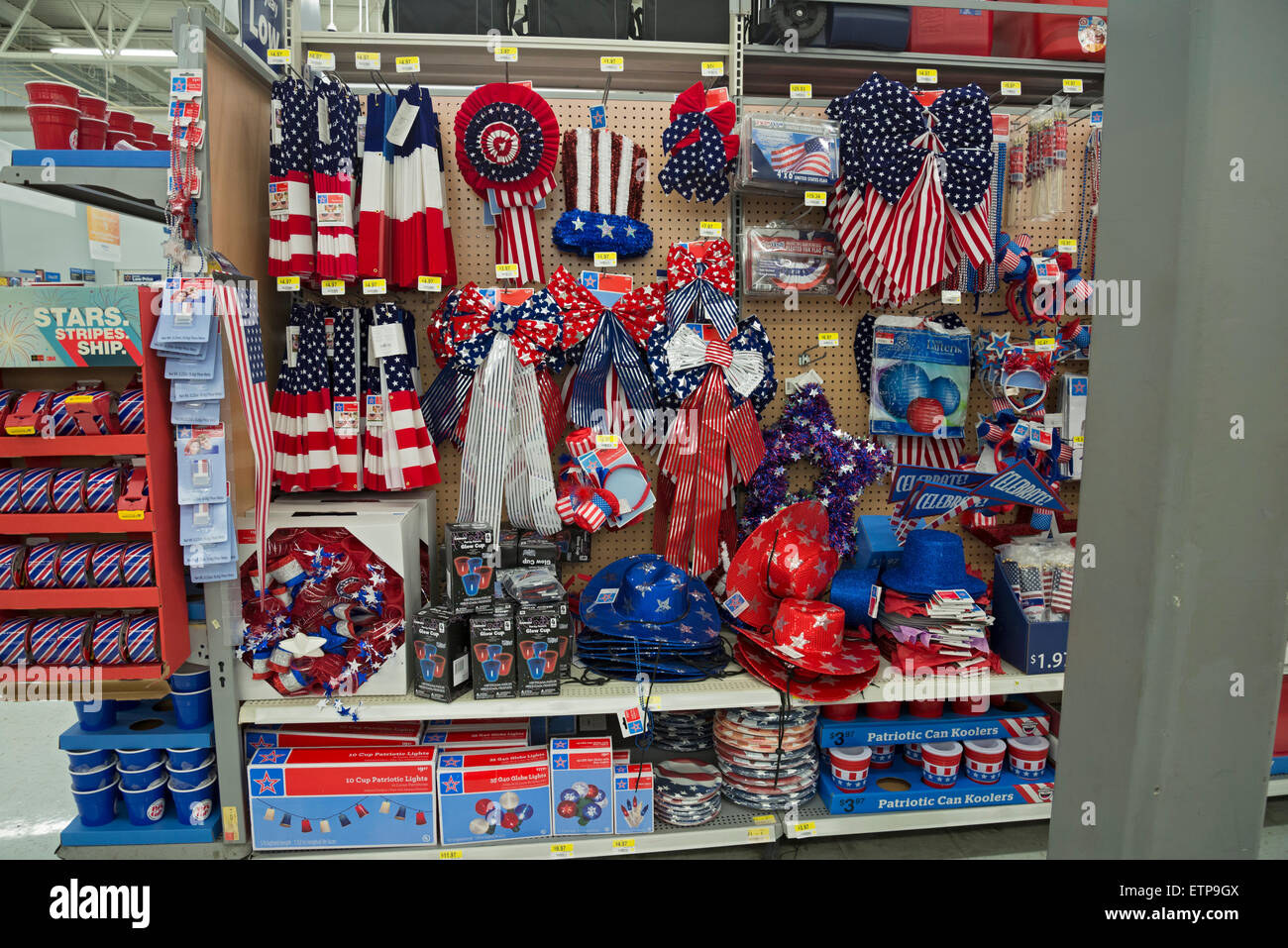 Colorful 4th of July items for sale in a Walmart store, Lake City, Florida. Stock Photo