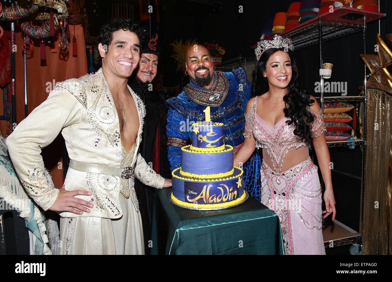 Broadway-Disney's Aladdin celebrates first anniversary at the New Amsterdam  Theatre. Featuring: Adam Jacobs, Jonathan Freeman, James Monroe Iglehart,  Courtney Reed, cake by Beth Bennett of Bebe Bakes Where: New York City, New