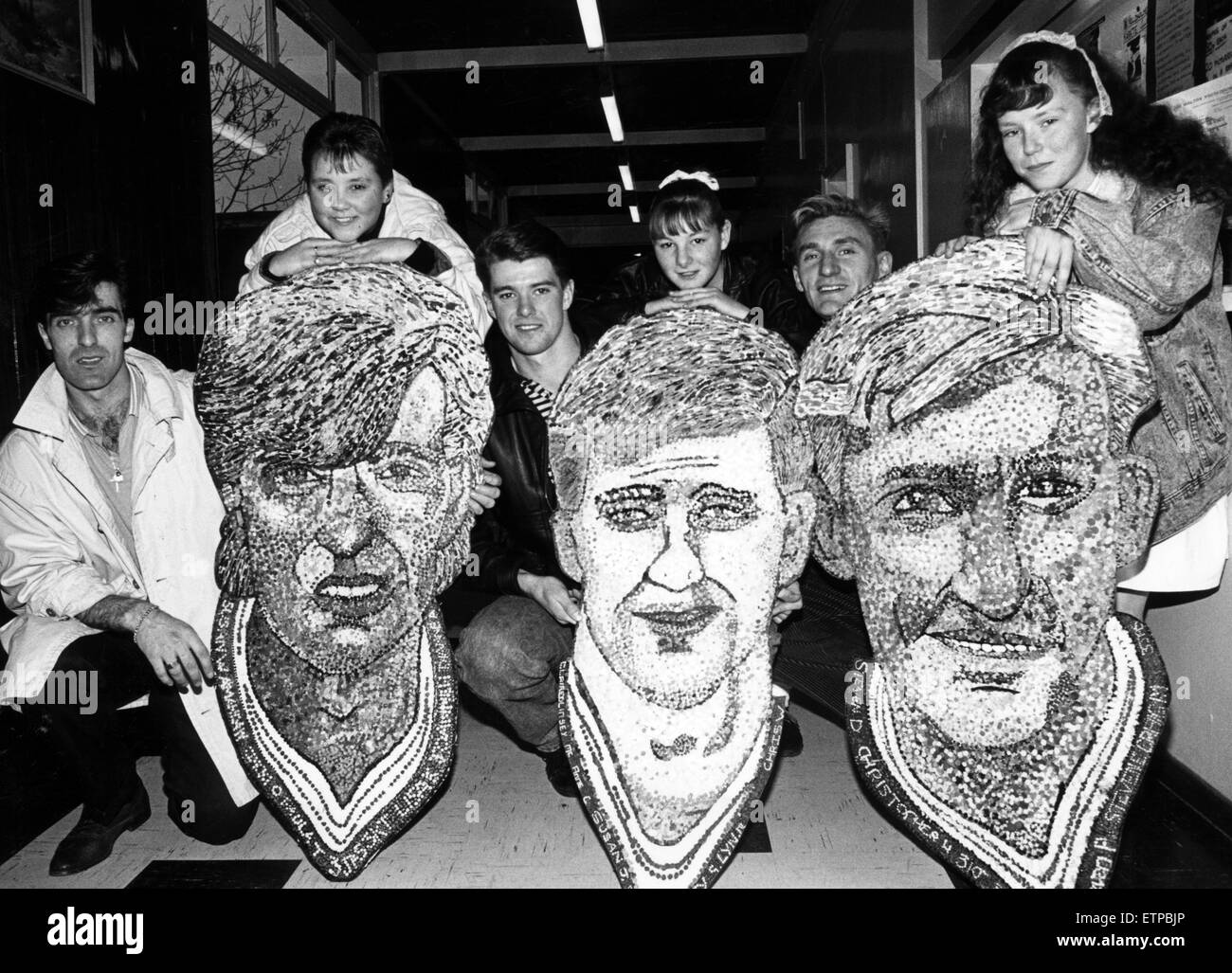 Pupils at Keldholme School have scored with three unusual  paintings of Boro stars. It was enough to bring the three players, Bernie Slaven, Gary Pallister and Tony Mowbray to the school to autograph the finished work. The bork lads are pictured with three of the artists, L - R Lisa Kelly, Paula Tranter and Jacqueline O'Callaghan.  6th January 1989. Stock Photo