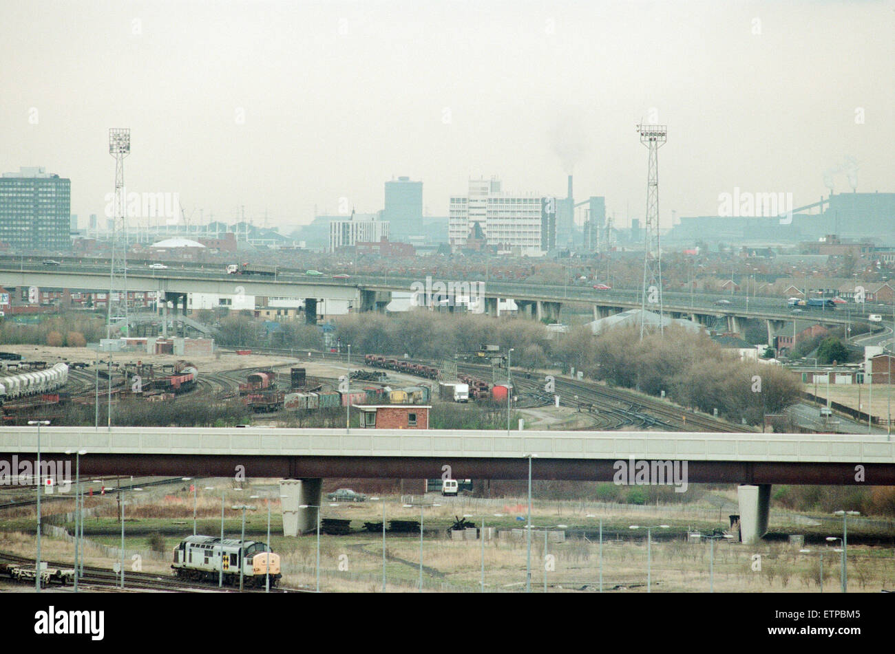 Views. Thornby Rail Depot. 31st March 1995. Feature, Graystone White & Sparrow, Crane Hire Company. Managing Director, David Barrass, takes a ride in a basket, 140 foot above depot, Stockton. Stock Photo