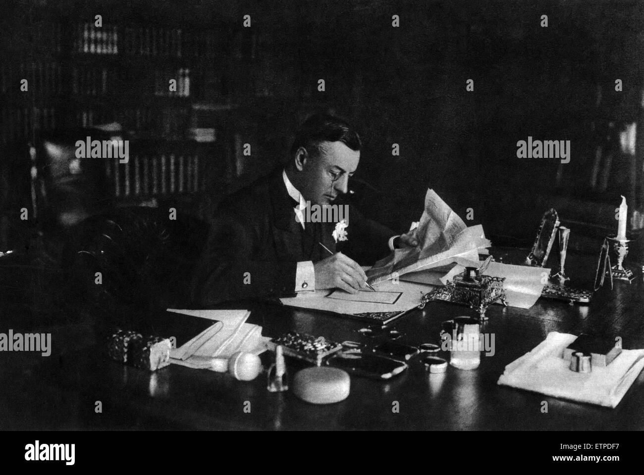 Joseph Chamberlain at his desk at the Colonial Office Circa 1903 Stock Photo