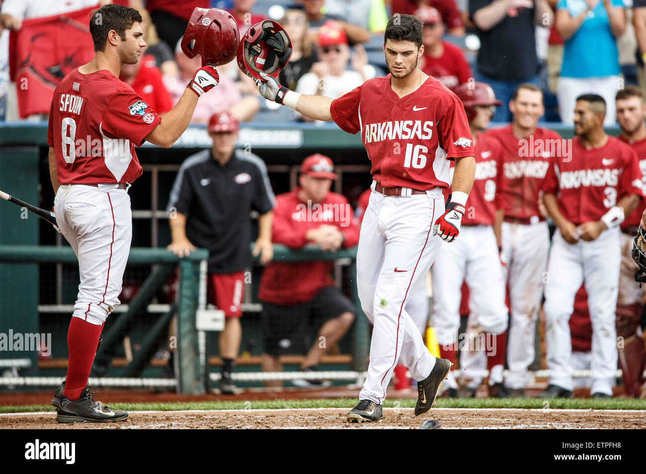 Arkansas Razorbacks outfielder Andrew Benintendi (16) on deck during the  NCAA College baseball World Series against the Miami Hurricanes on June 15,  2015 at TD Ameritrade Park in Omaha, Nebraska. Miami beat