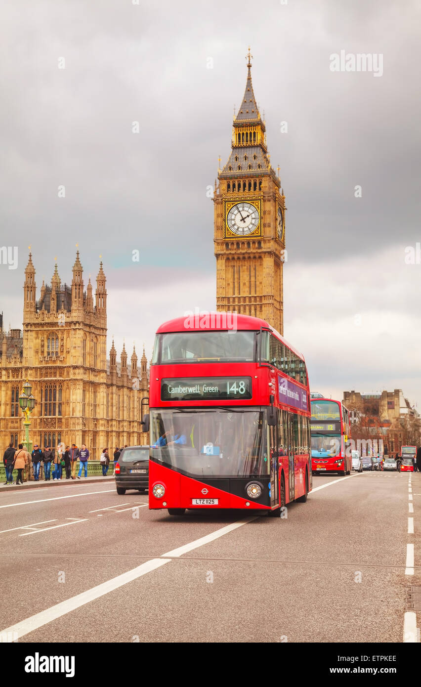 LONDON - APRIL 4: Iconic red double decker bus on April 4, 2015 in London, UK. The London Bus is one of London's principal icons Stock Photo