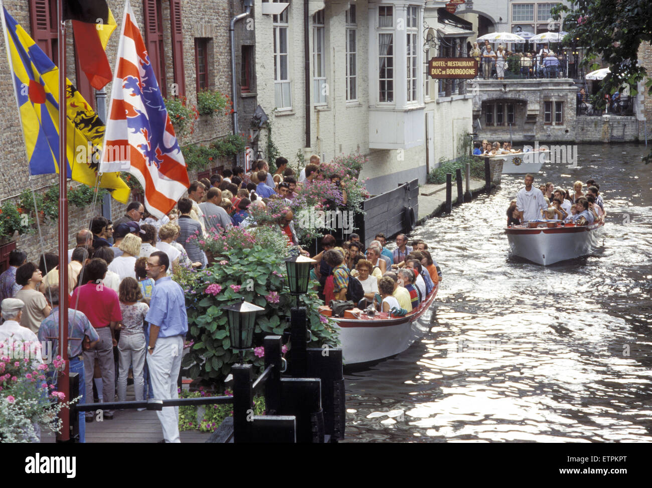 BEL, Belgium, Bruges, pleasure boats on a canal.  BEL, Belgien, Bruegge, Ausflugsboote auf einer Gracht. Stock Photo
