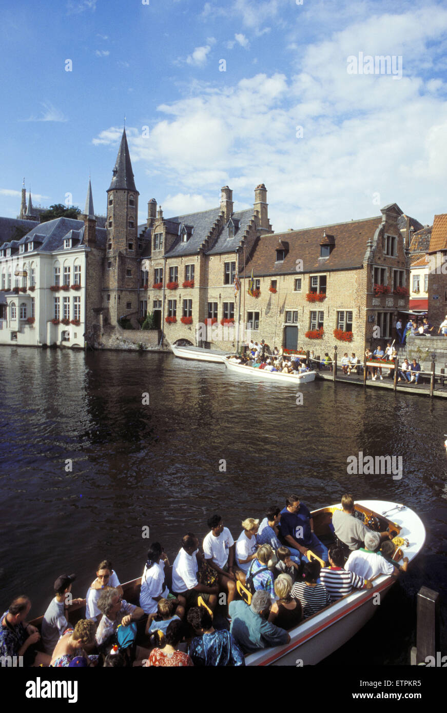 BEL, Belgium, Bruges, pleasure boat at the Rozenhoed Kaai.  BEL, Belgien, Bruegge, Ausflugsboot am Rozenhoed Kaai. Stock Photo