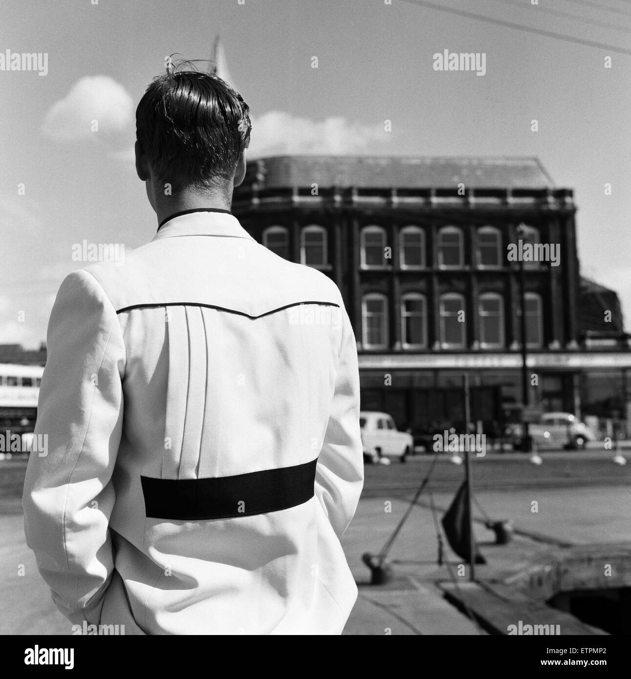 A new craze - Fancy suits worn by trawler fishermen at Lowestoft. Back view of Hylton Brighty's, 16, jacket. 19th July 1961. Stock Photo
