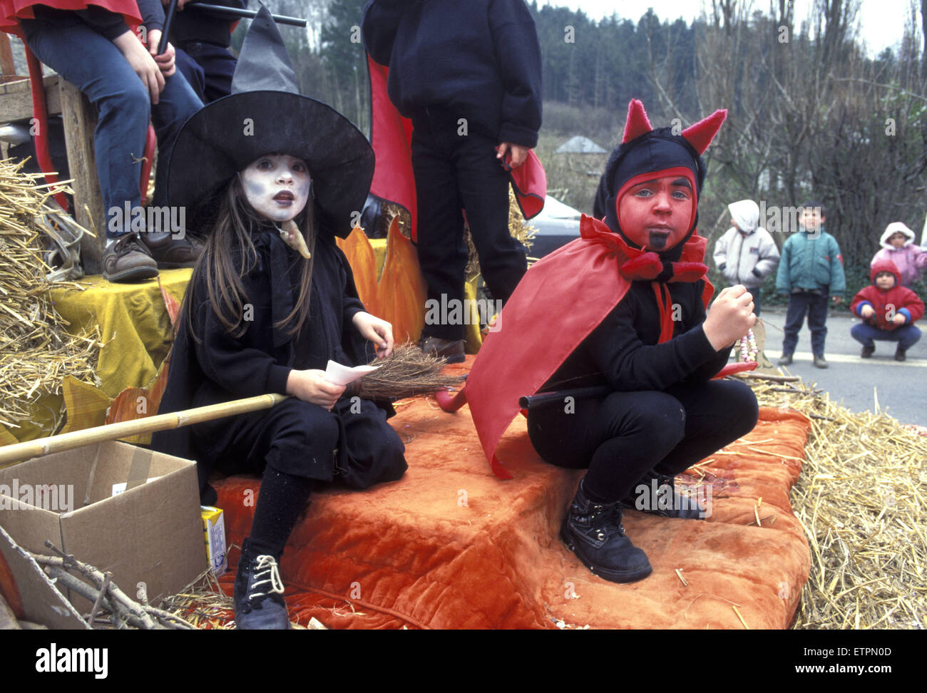 BEL, Belgium, Namur, Fosses-la-Ville, carnival, girl in a witch costume, boy in a devil costume.  BEL, Belgien, Namur, Fosses-la Stock Photo