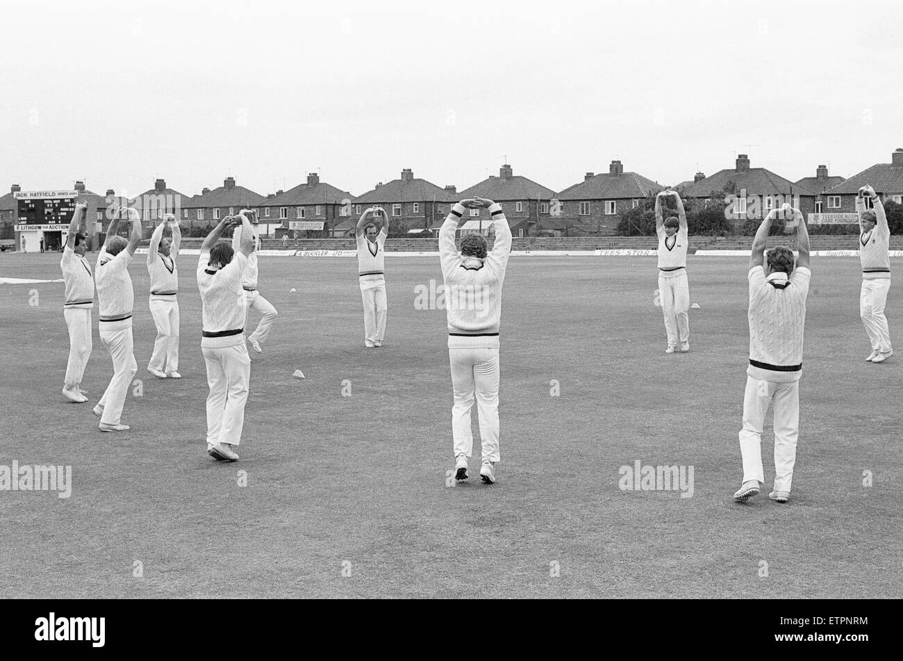 Yorkshire Cricket Team seen here warming up before their County Championship match against Leicestershire at Acklam Park. 5th July 1986 Stock Photo