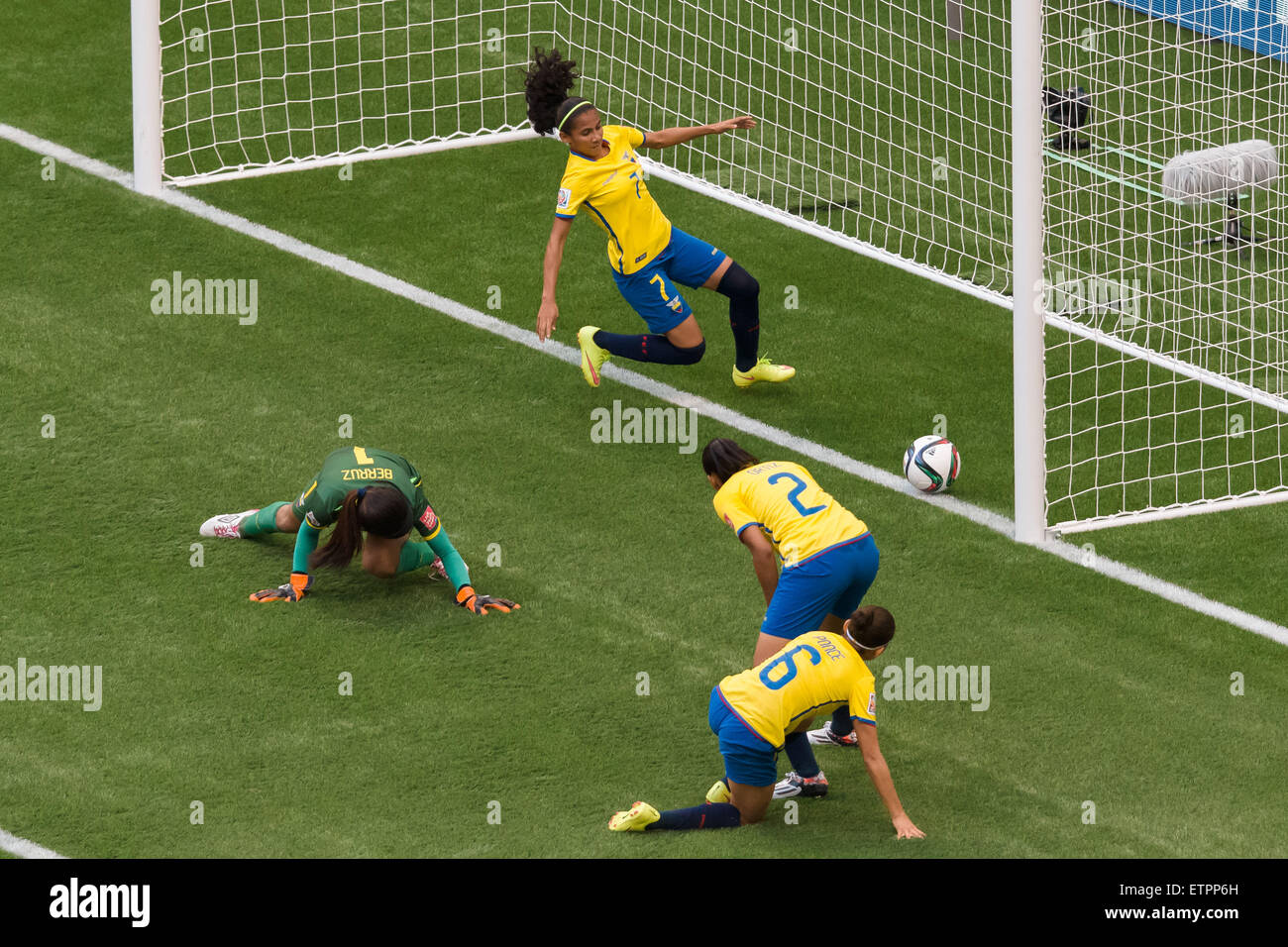 June 12, 2015: Angie PONCE of Ecuador scores an own goal during a Group C match at the FIFA Women's World Cup Canada 2015 between Switzerland and Ecuador at BC Place Stadium on 12 June 2015 in Vancouver, Canada. Switzerland won 10-1. Sydney Low/Cal Sport Media. Stock Photo