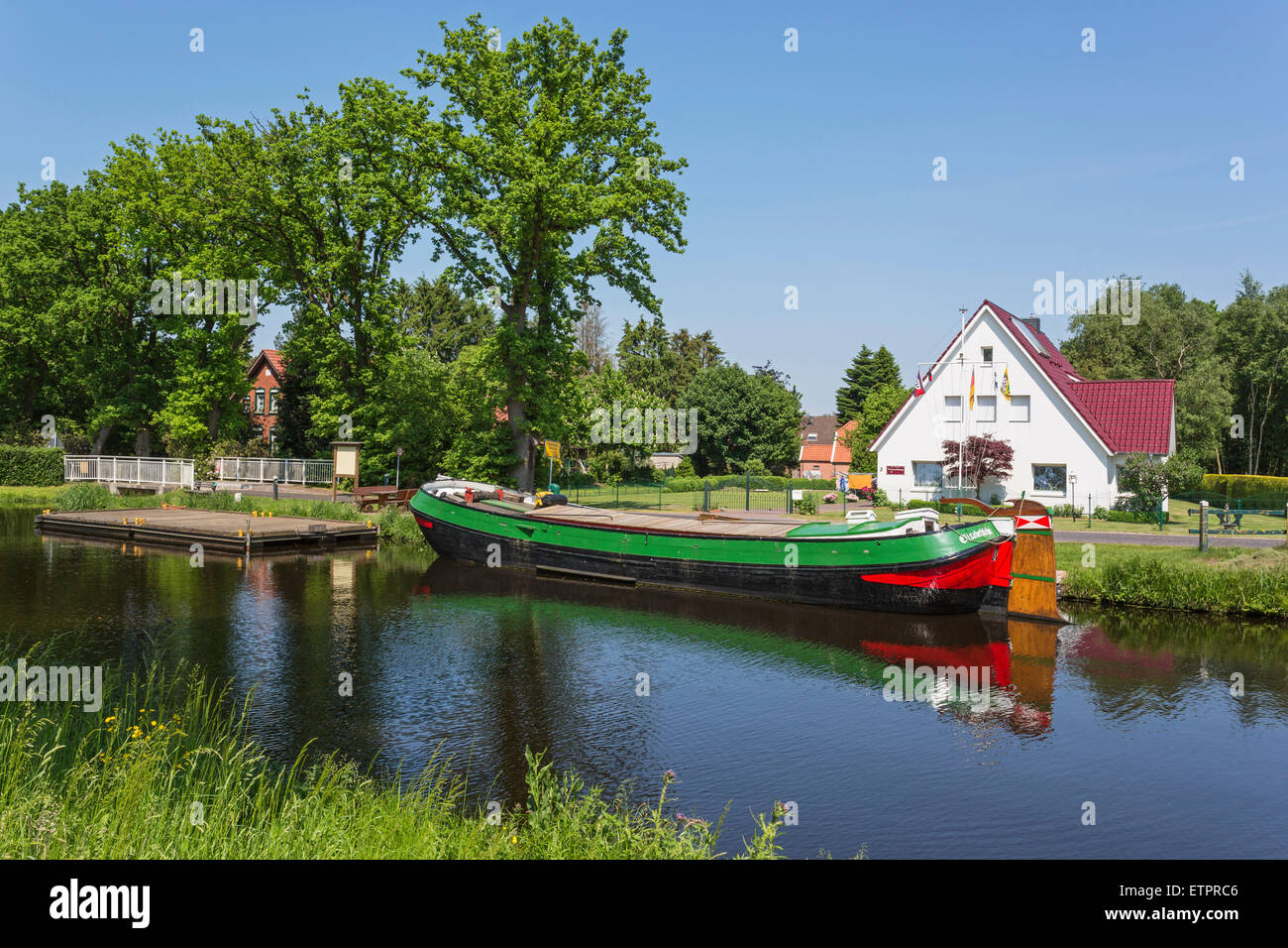 Elisabethfehnkanal, boat, Tjalk Jantina, Elisabethfehn, Barßel, Lower Saxony, Germany, Stock Photo