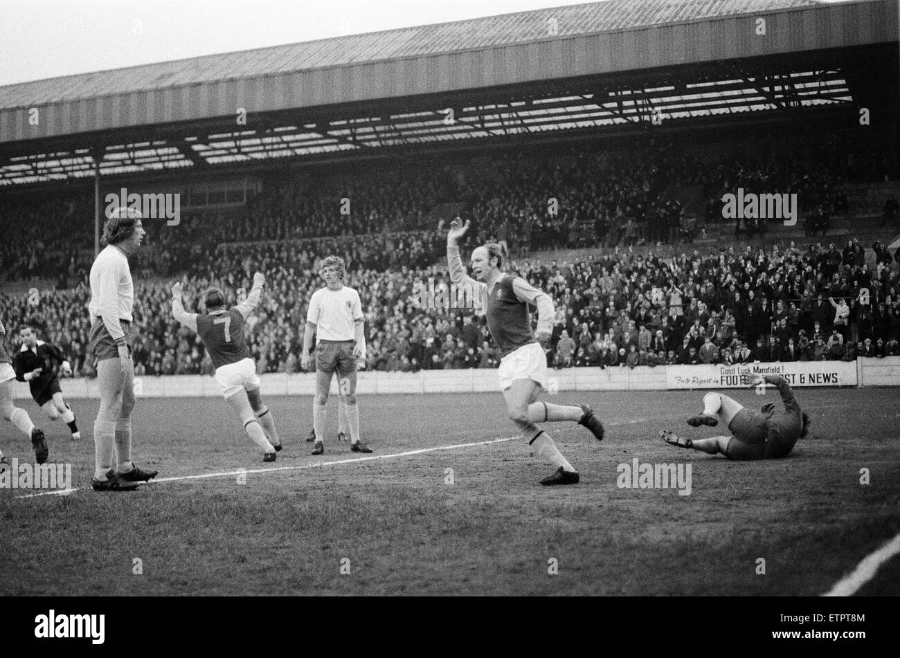 Mansfield 1-1 Aston Villa, League Three match at Field Mill, Monday 24th April 1972. Aston Villa, earn point they required for automatic promotion. Stock Photo