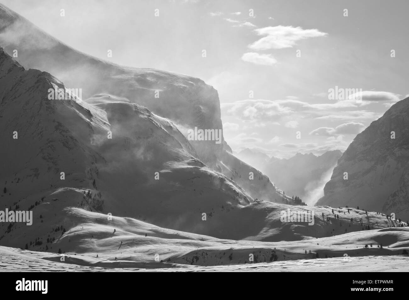 Mountains, snow, wind, Italy, South Tyrol, the Dolomites, Passo di Limo Stock Photo