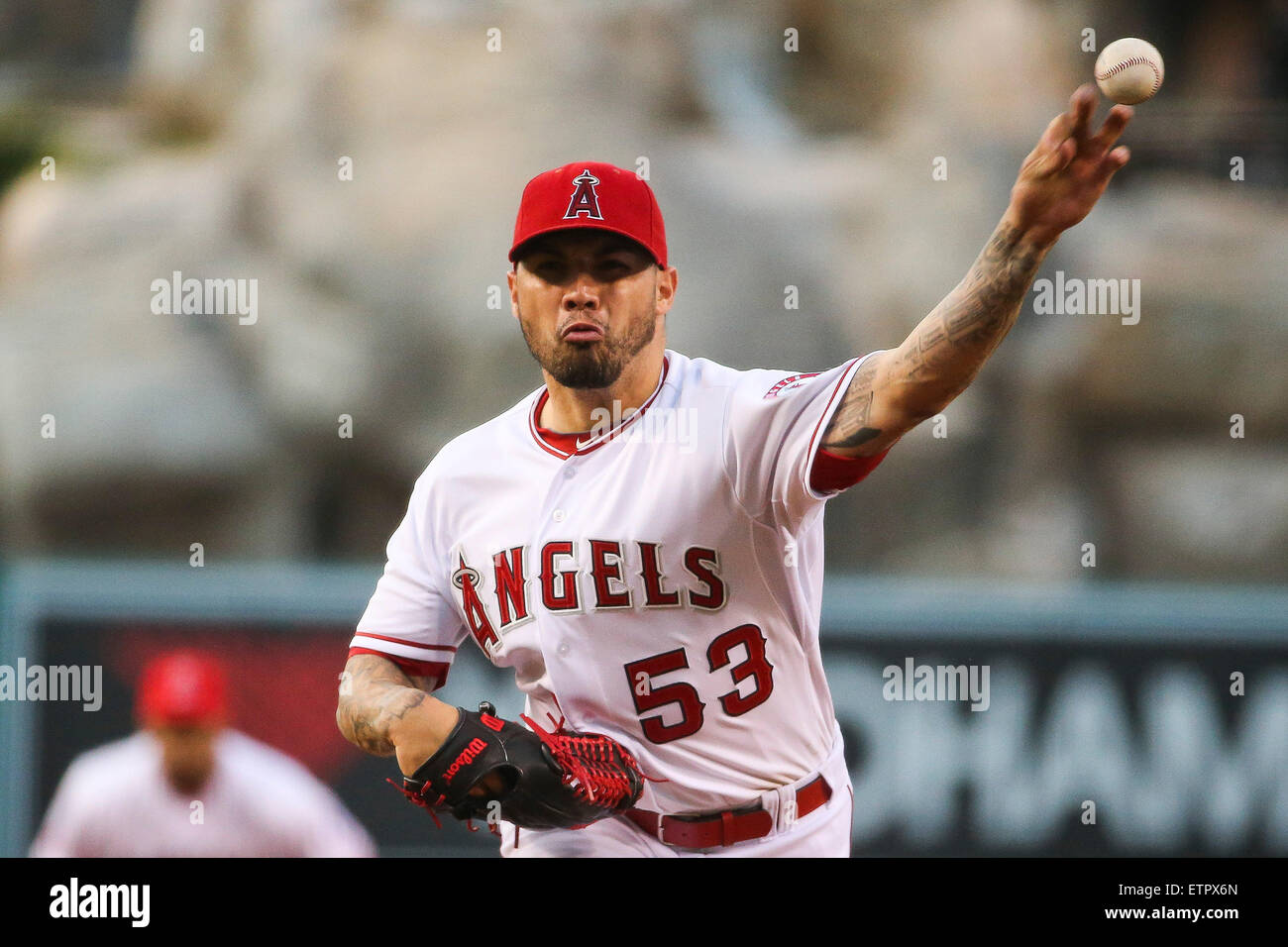 June 12 2015: Los Angeles Angels of Anaheim Pitcher Hector Santiago (53) [8935] pitches pitches for the Angels in the game between the Oakland A's and Los Angeles Angels of Anaheim, Angel Stadium in Anaheim, CA, Photographer: Peter Joneleit Stock Photo