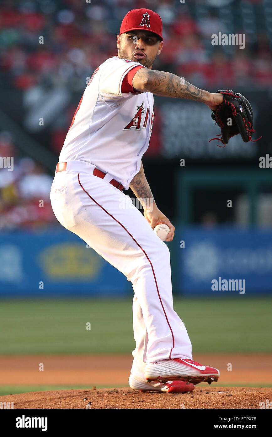 June 12 2015: Los Angeles Angels of Anaheim Pitcher Hector Santiago (53) [8935] makes the start for the Angels in the game between the Oakland A's and Los Angeles Angels of Anaheim, Angel Stadium in Anaheim, CA, Photographer: Peter Joneleit Stock Photo