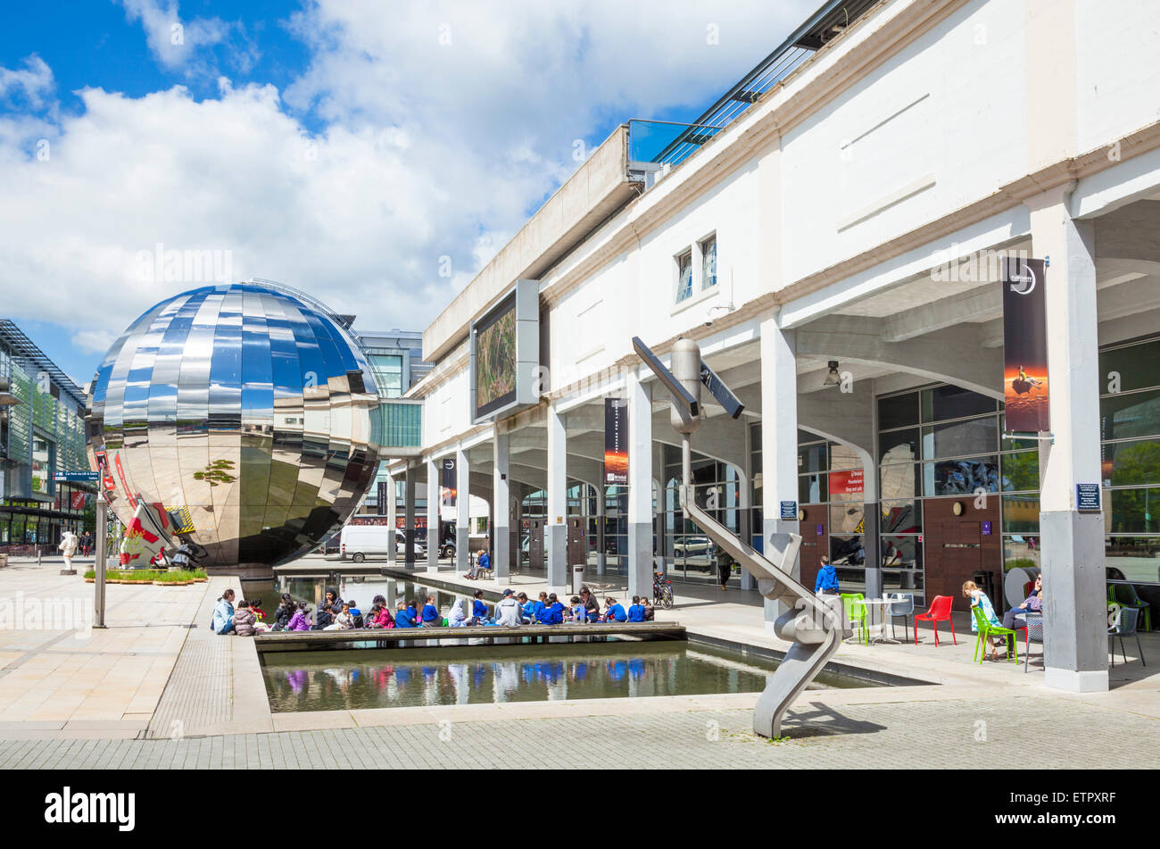 School Children outside Planetarium sphere and Science Centre at Bristol Millennium Square Bristol Avon England UK GB EU Europe Stock Photo