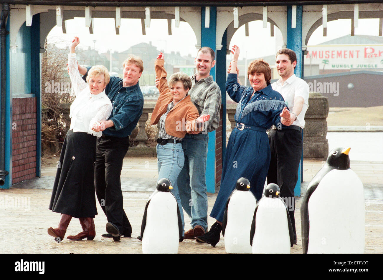 Redcarl Bowl is hosting a big line dancing event at the weekend, and is launching weekly line dance nights. Getting some practise at Redcar are Kevin Paul, Simon McCluskey, Michael Williams, Sue JAckson, Rosemary Barker and Joan Martin. 6th March 1996. Stock Photo