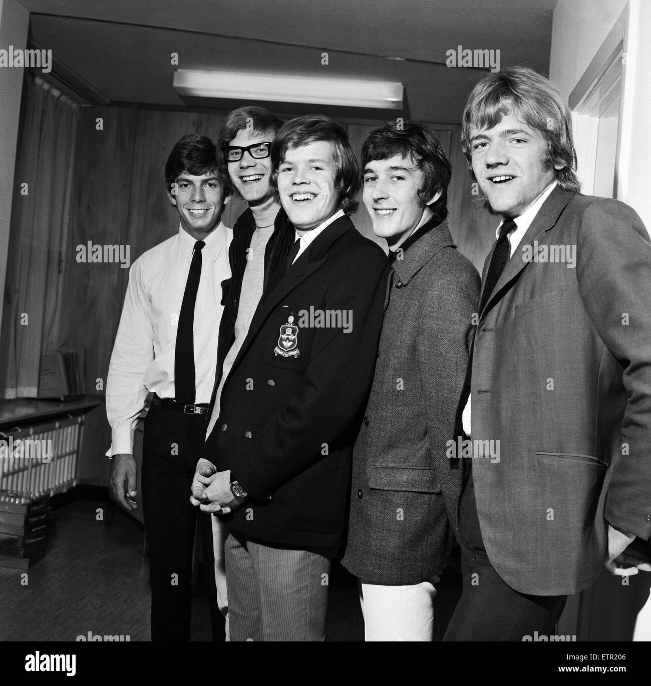 British pop group Herman Hermits, led by singer Peter Noone, pictured after the group were signed to a huge film and disc deal with Metro Goldwyn Meyer. The deal, in excess of one million dollars encompasses motion pictures and recordings. 15th March 1966. Stock Photo