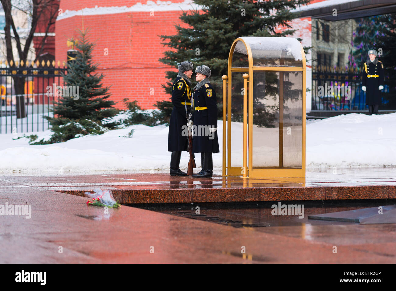 The ceremony of the change of guards of honour by the Tomb of the Unknown Soldier and the eternal light in wintertime Stock Photo
