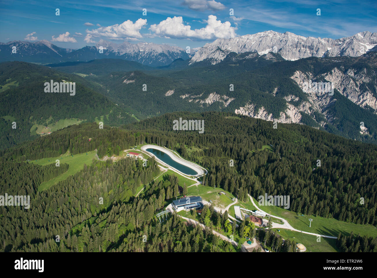 Hausberg, Hausberbahn, top terminal, aerial shot, Germany, Bavaria, Upper Bavaria, Bavarian Alps, Werdenfelser Land, mountains, Stock Photo