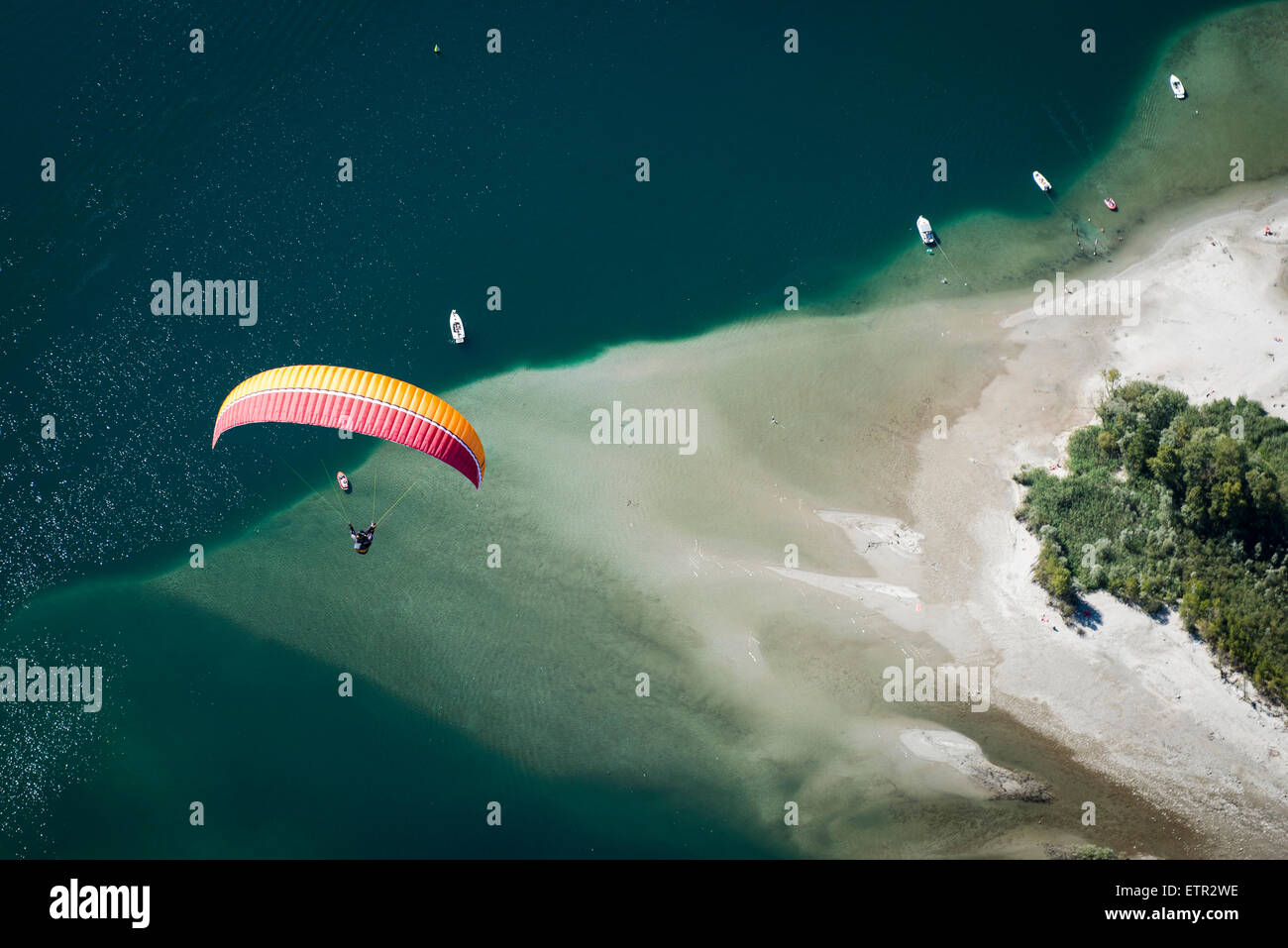 Paraglider, flight, Paragliding, natural forms, pleasure, vacation, Lago Maggiore, mountain lake, shore, bathing, Locarno, Stock Photo