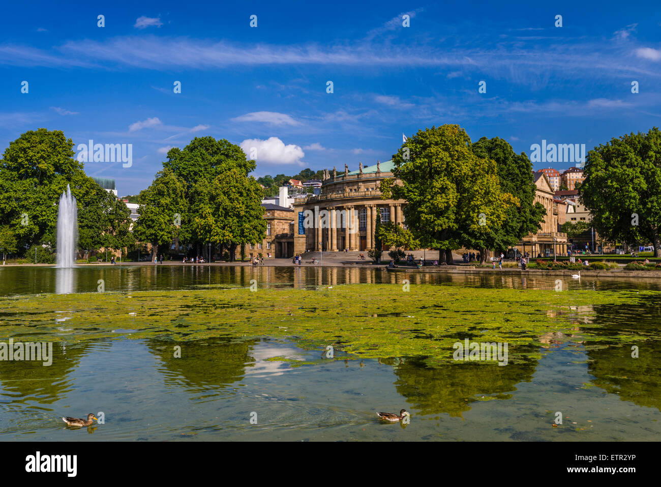 Germany, Baden-Wurttemberg, Stuttgart, Oberer Schlossgarten (upper castle gardens), lake Eckensee, state theatre Stock Photo