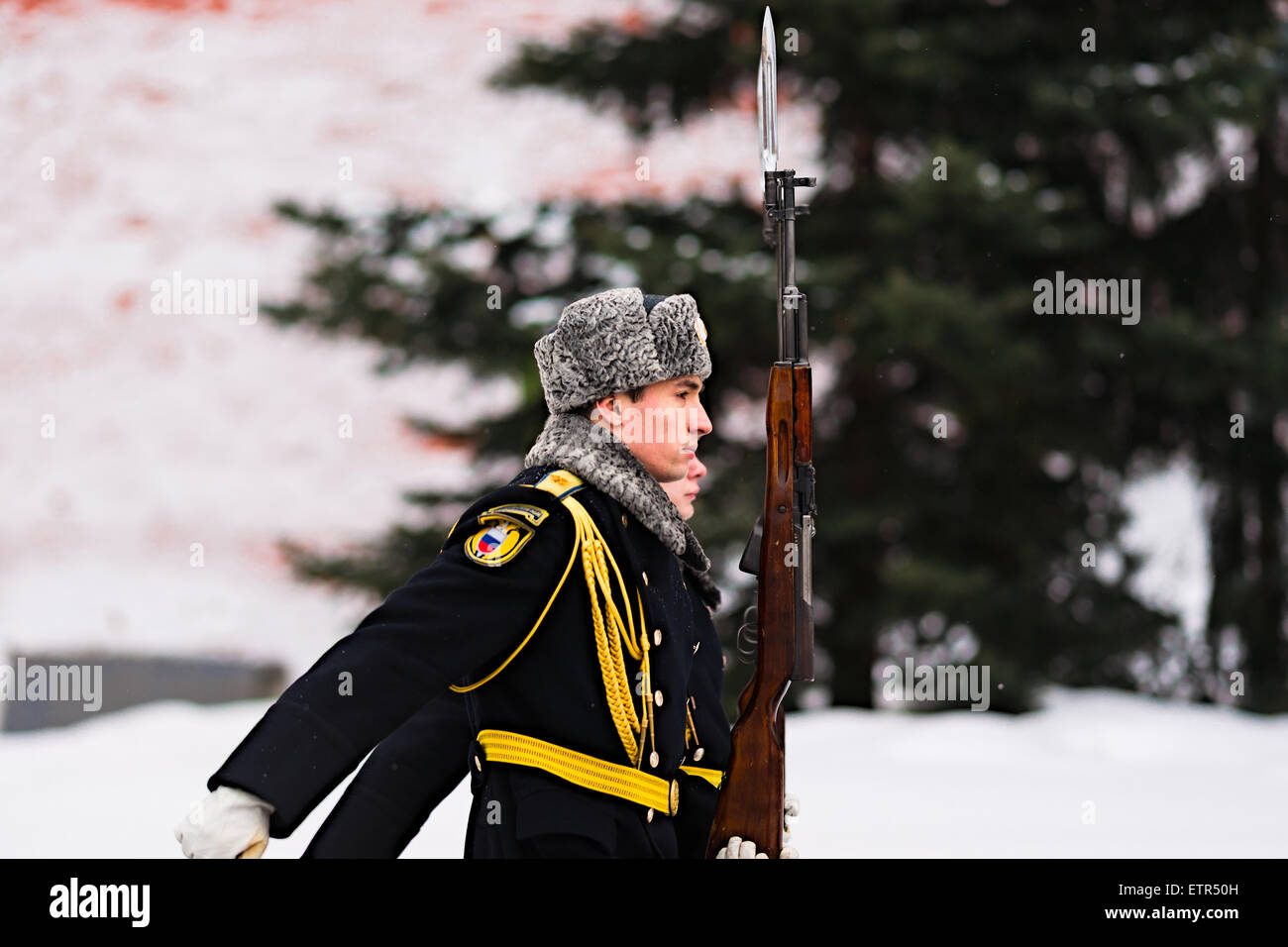 The ceremony of the change of guards of honour by the Tomb of the Unknown Soldier and the eternal light in wintertime Stock Photo