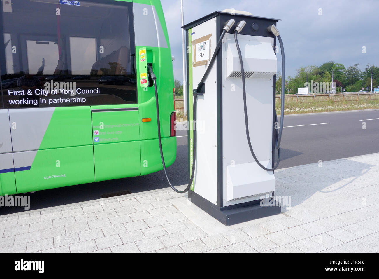 Electric bus charging station at Poppleton Bar Park and Ride, York, England, UK Stock Photo