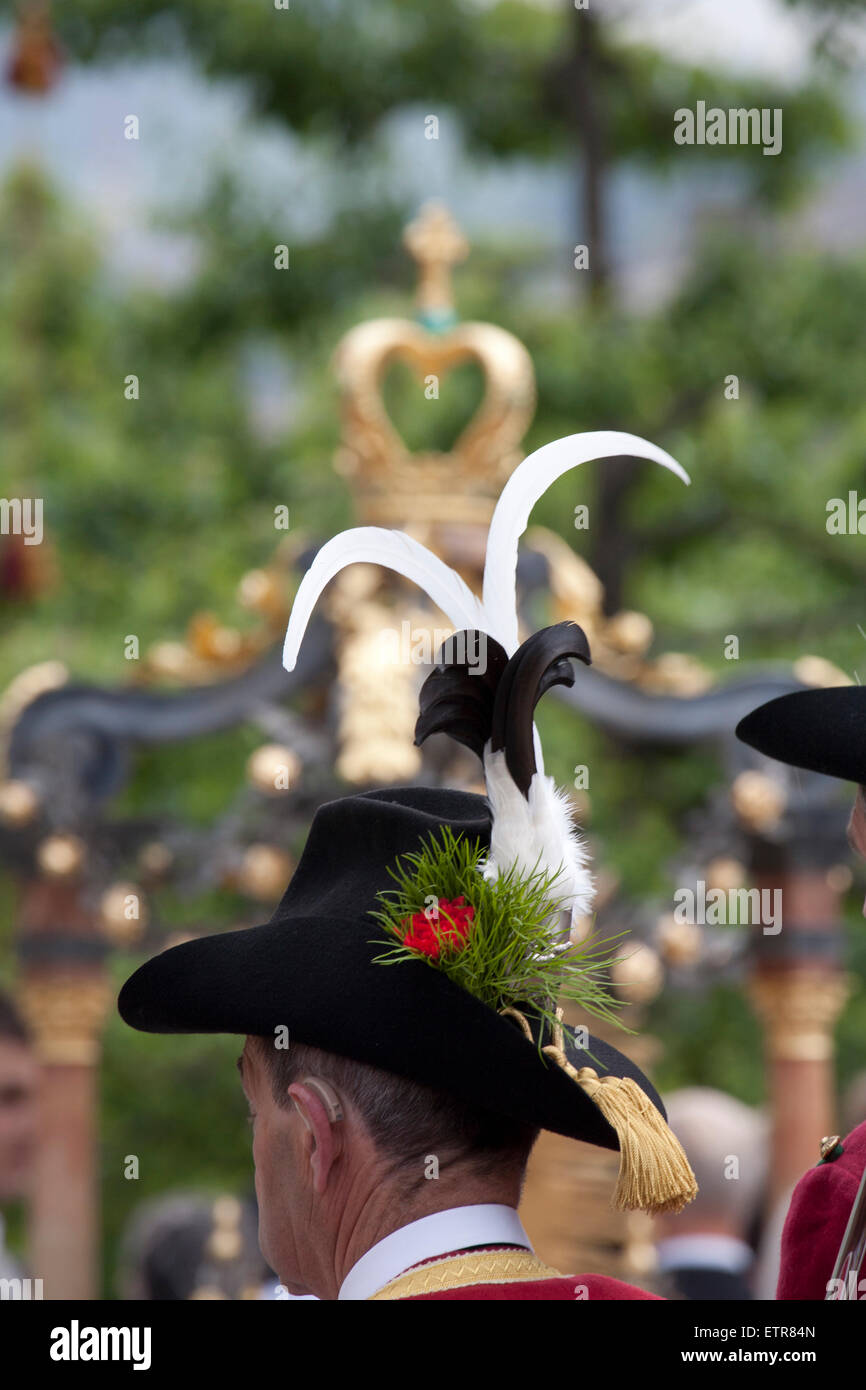 Tyrolean shooters with hat feathers at Corpus Christi procession, Austria, Tyrol, Mutters Stock Photo