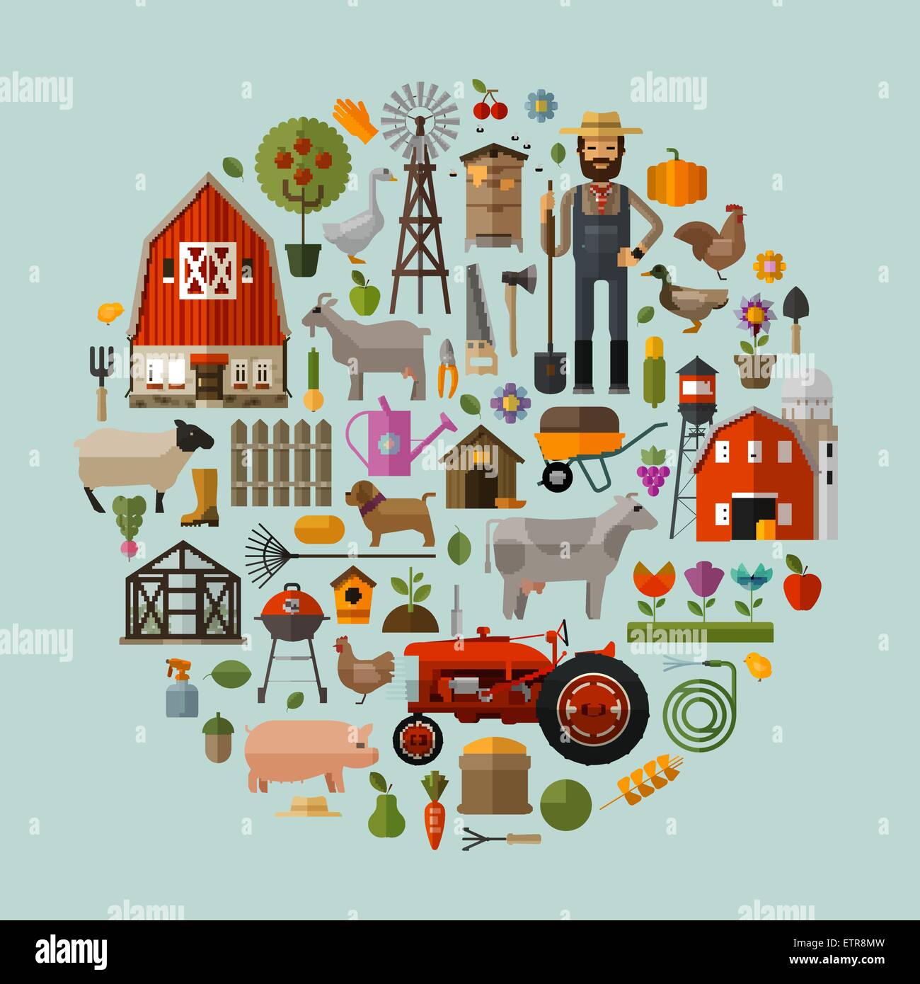 farm in the village. A set of elements - house, barn, animals, tractor, flowers, fruits and vegetables Stock Vector