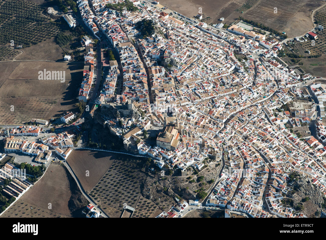 Olvera, Andalusia, town center, white village, summer, aerial view, Landscape, vacation, province of Cadiz, Spain Stock Photo