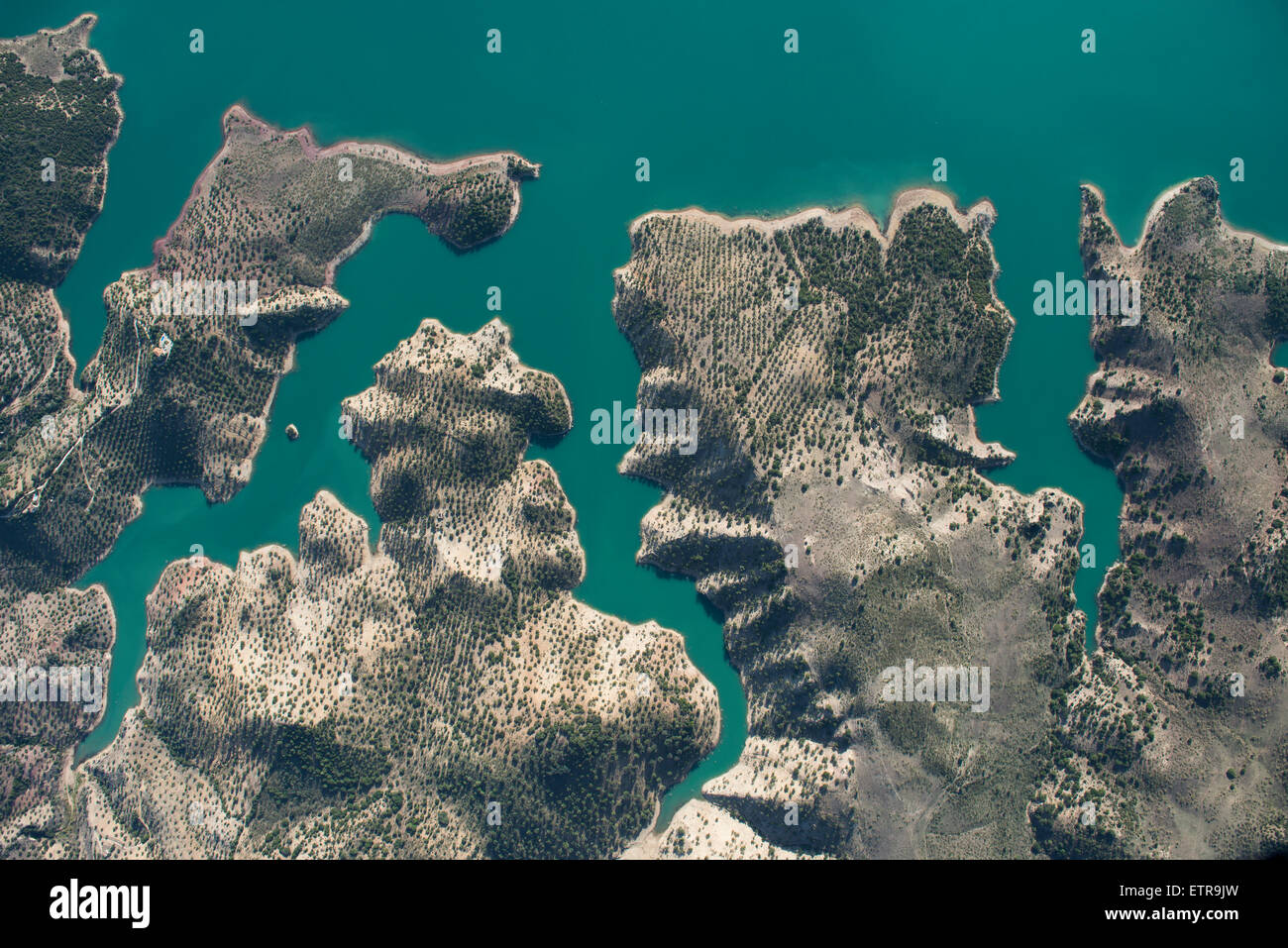 Natural form, Landscape, aerial view, Zahara, lake, shore, fjord, Andalusia, summer, vacation, province of Cadiz, Spain Stock Photo