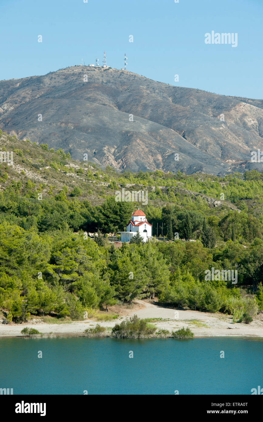 Greece, Rhodes, Apolakkia, reservoir Limni Apolaklias with chapel ...