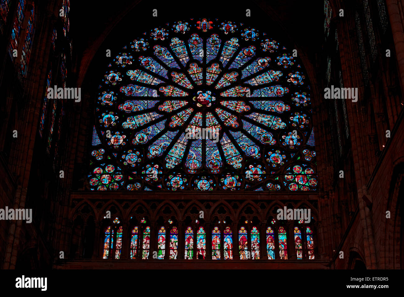 Stained glass windows in St. Denis cathedral, Paris, France Stock Photo