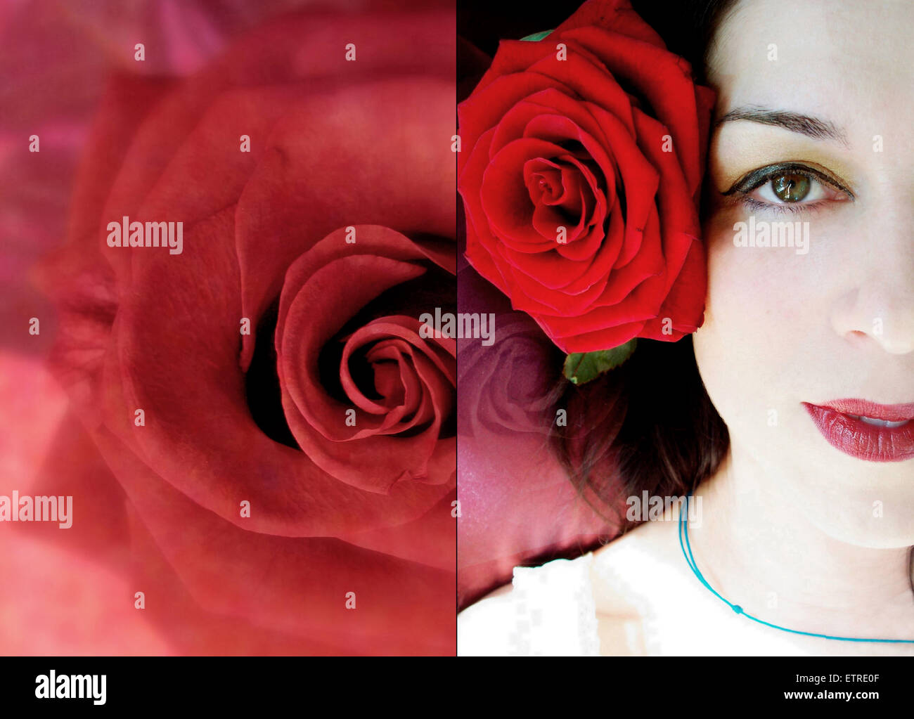 portrait of a woman with red roses as a dyptich Stock Photo - Alamy